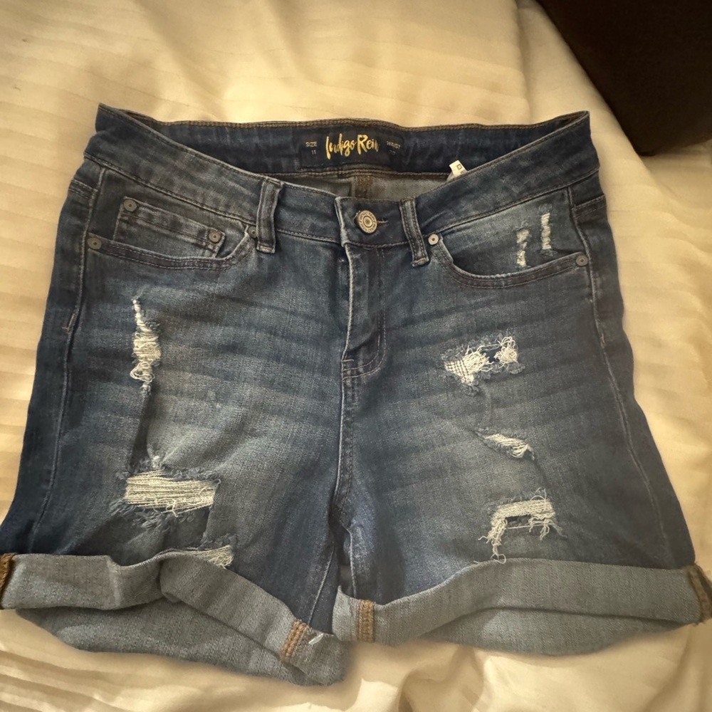 Indigo Rein Blue Jean Shorts with Distressed Cuffed Design